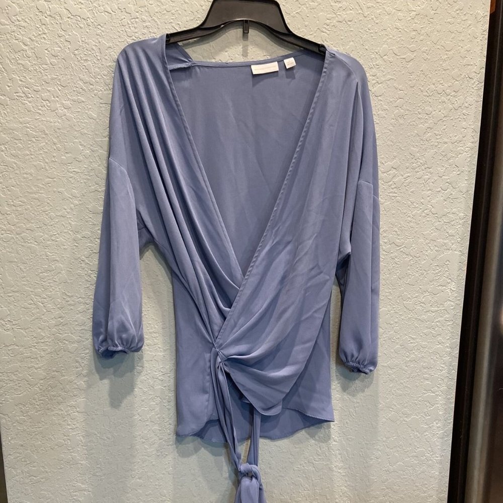 NEW YORK COMPANY S Wrap Top Blouse Steel Blue 3/4 Sleeve